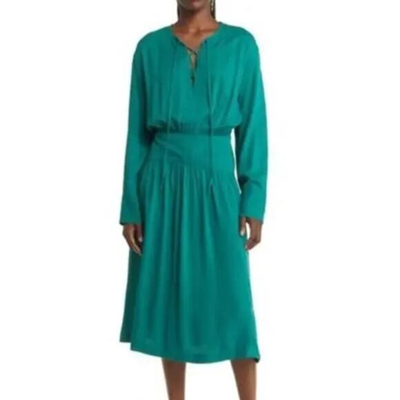 Treasure & Bond Dress Long Sleeve Lace-Up Neck Blouson Midi Green Heirloom M - Picture 1 of 7